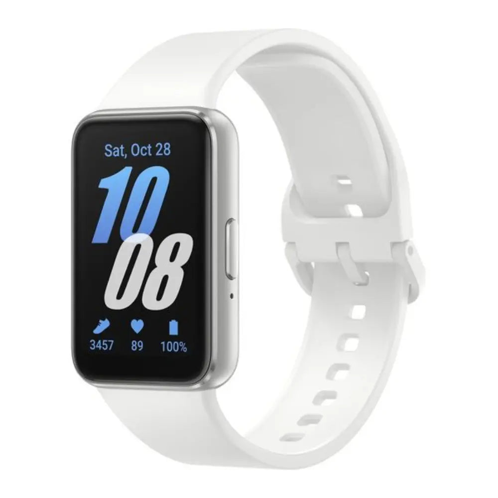 Galaxy Fit 3 smartwatch with white silicone strap and black display with 10 08