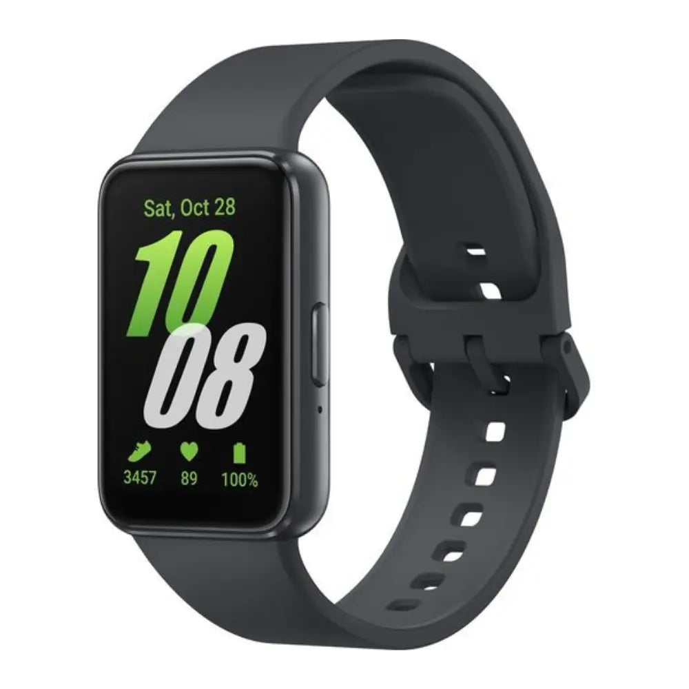 Galaxy Fit 3 smartwatch with black silicone strap and black display showing 10 08