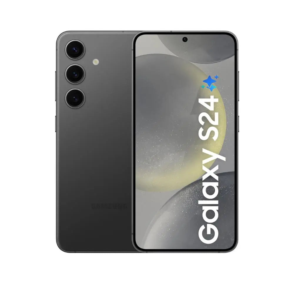 Samsung Galaxy S24 5G phone in black, front display and rear triple-camera module