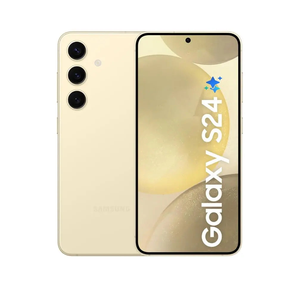 Samsung Galaxy S24 5G phone in cream, front display and rear triple-camera array