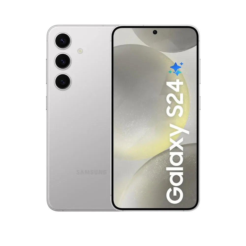 Samsung Galaxy S24 5G phone in grey, front display and rear triple-camera module