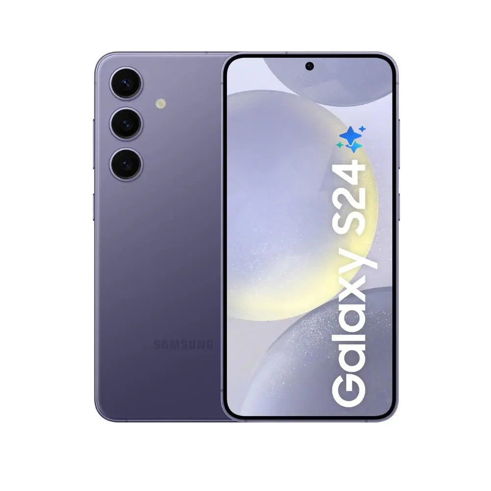 Samsung Galaxy S24 5G phone in violet, front screen and rear triple cameras