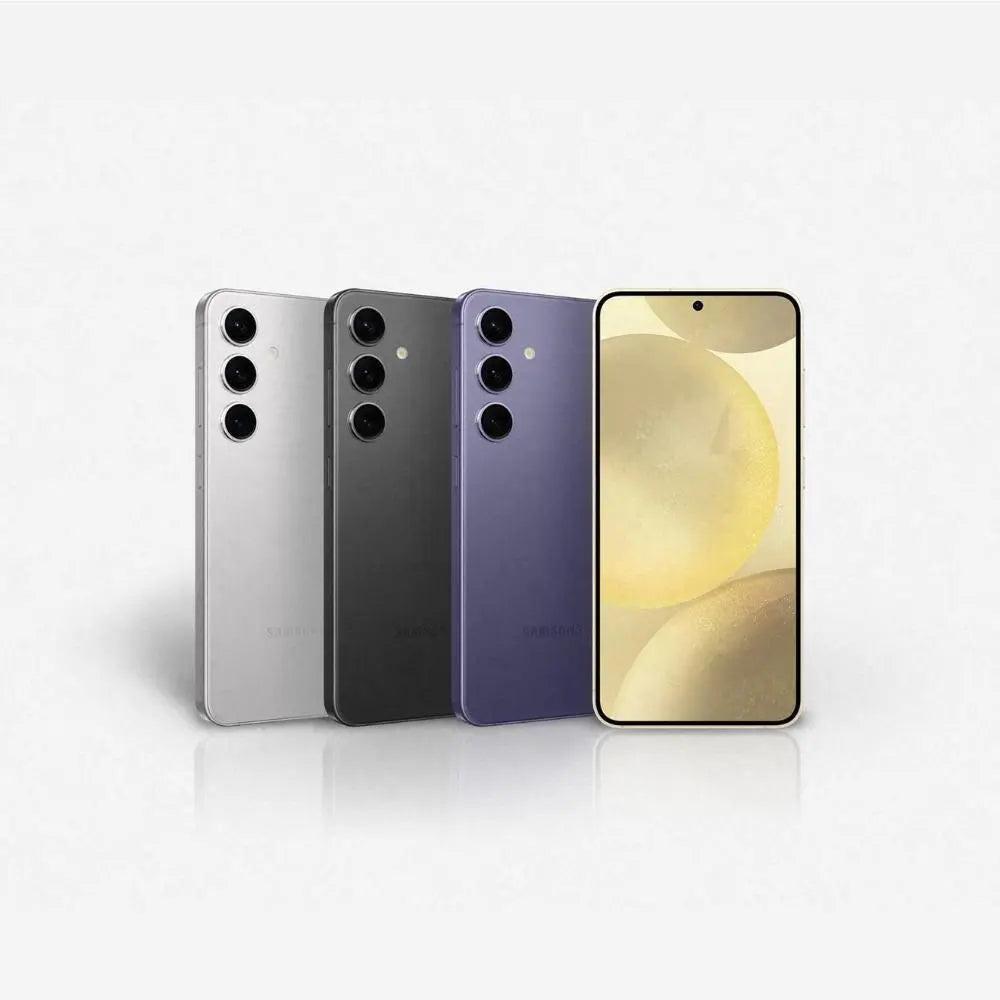 Samsung Galaxy S24 5G phones in multiple colors, back views in a row