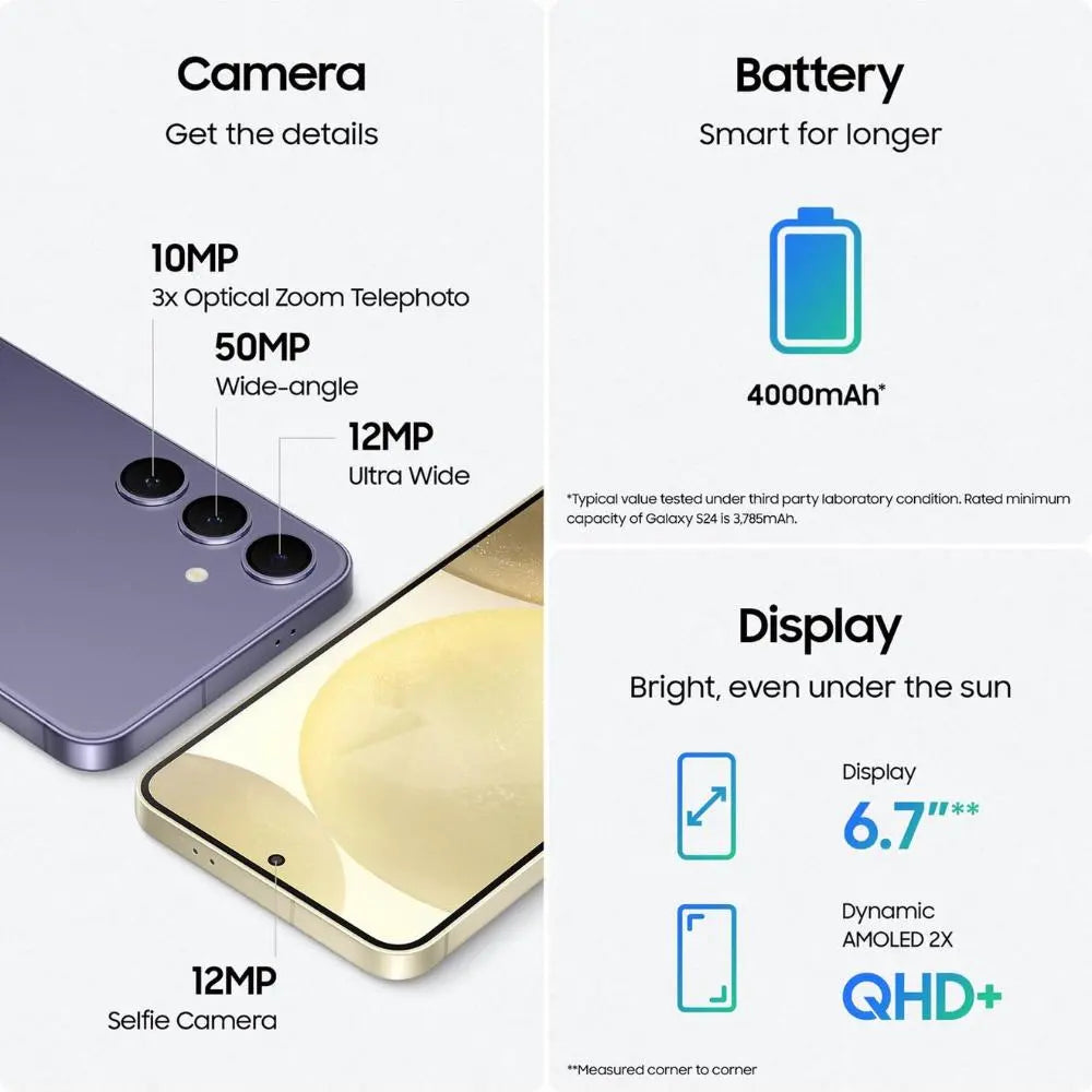 Samsung Galaxy S24 5G features: 6.7-inch QHD+ display, 4000mAh battery