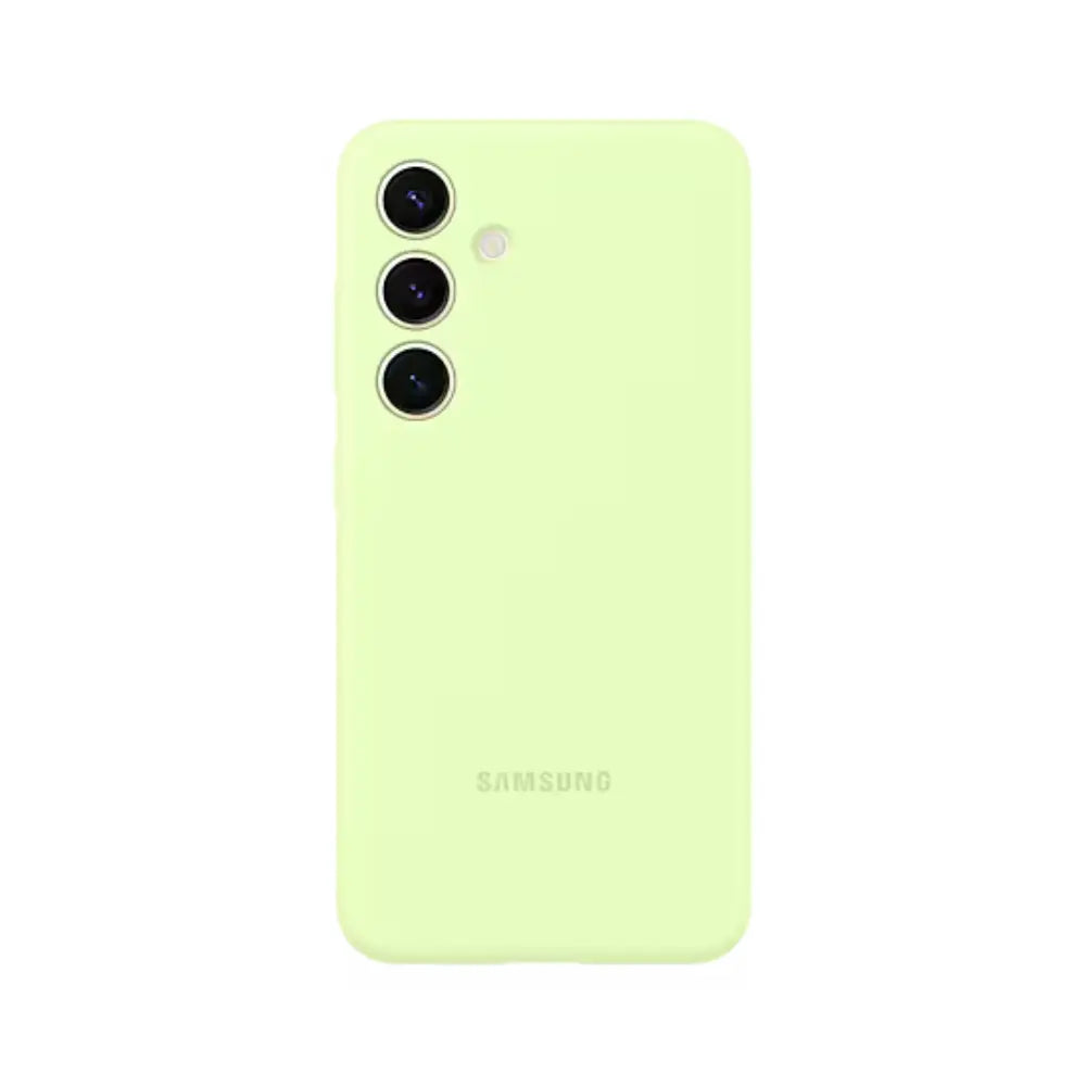 Samsung Galaxy S24 silicone phone case in green, with camera cutouts