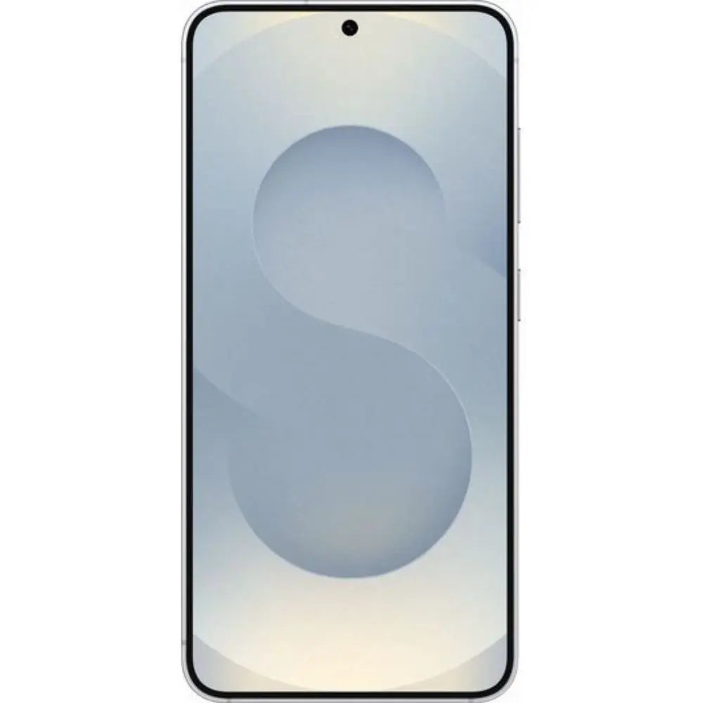 Samsung Galaxy S25 smartphone front view with light blue display and centered camera