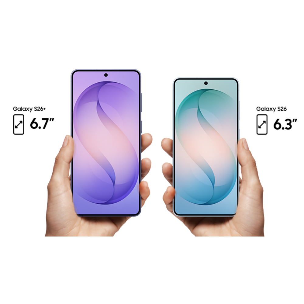 Smartphones held in hands with purple and teal front displays