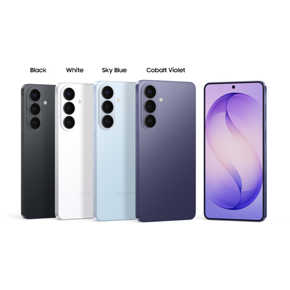 Smartphone color lineup with black, white, sky blue, and cobalt violet backs