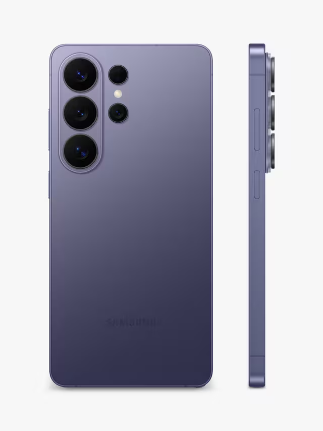 Cobalt violet Samsung Galaxy S26 Ultra smartphone back view with triple camera