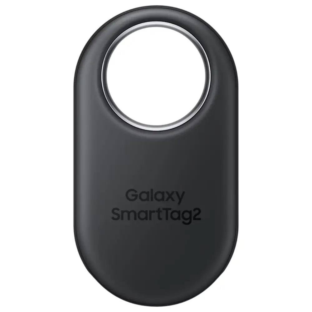 Black Samsung SmartTag2 Bluetooth tracker with circular antenna ring