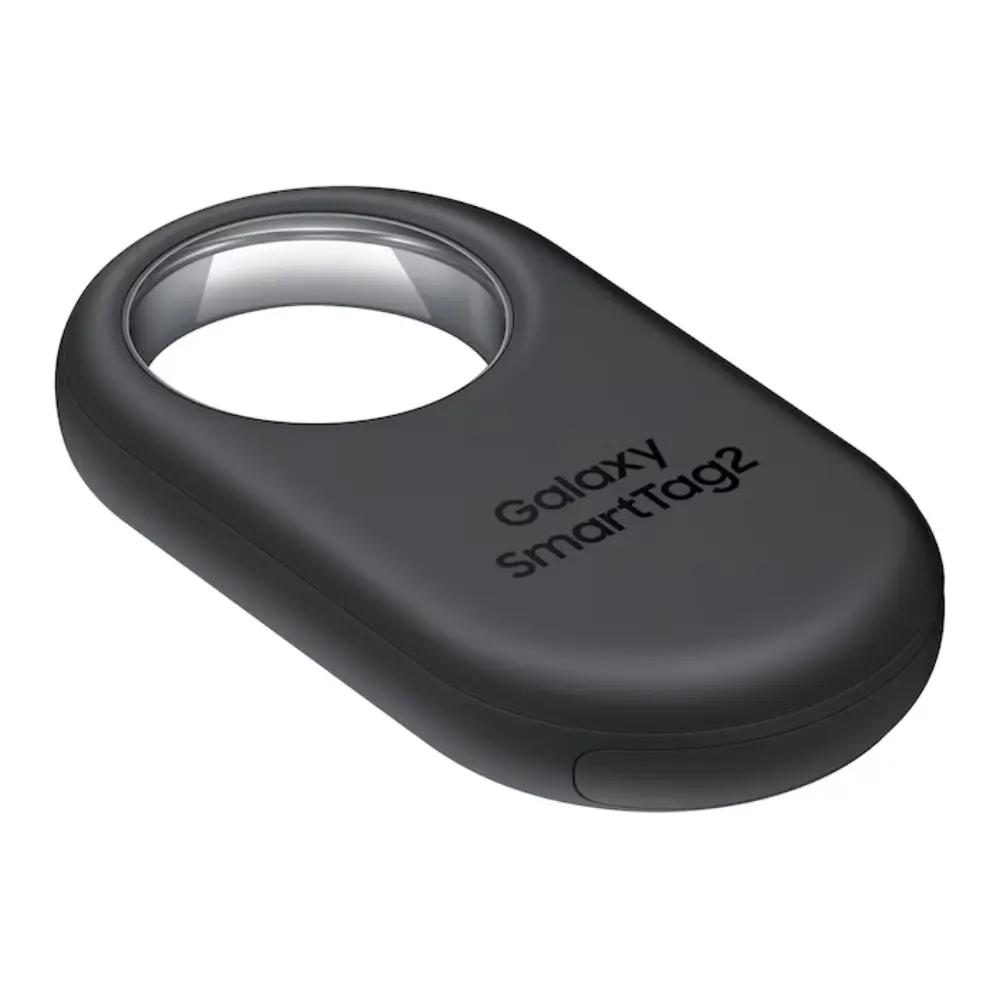 Black Samsung SmartTag2 Bluetooth tracker, angled view, oval body