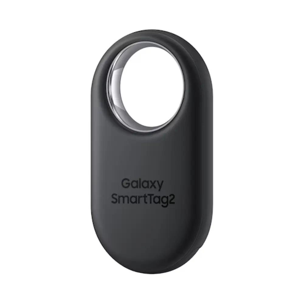 Black Samsung SmartTag2 Bluetooth tracker with circular ring, front view
