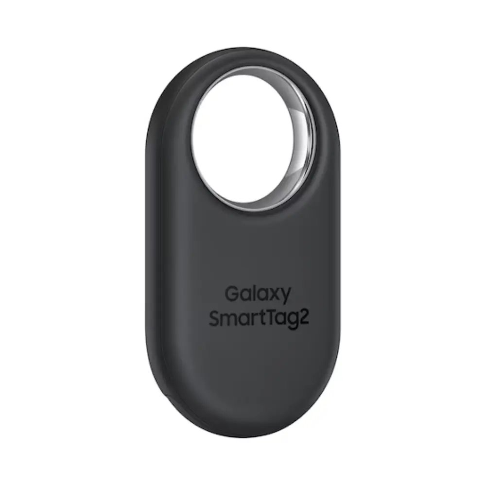 Black Samsung SmartTag2 Bluetooth tracker, circular ring and logo front