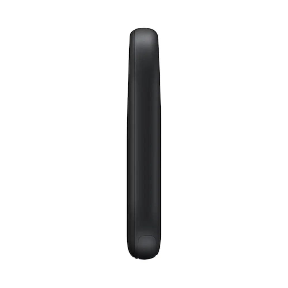 Black Samsung SmartTag2 Bluetooth tracker, side profile, slim oval form