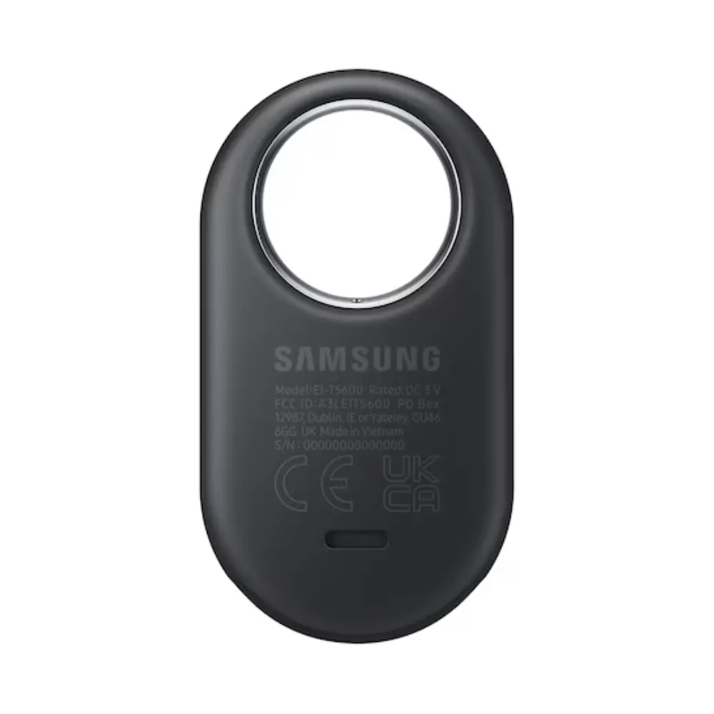 Black Samsung SmartTag2 Bluetooth tracker, back with button and regulatory icons