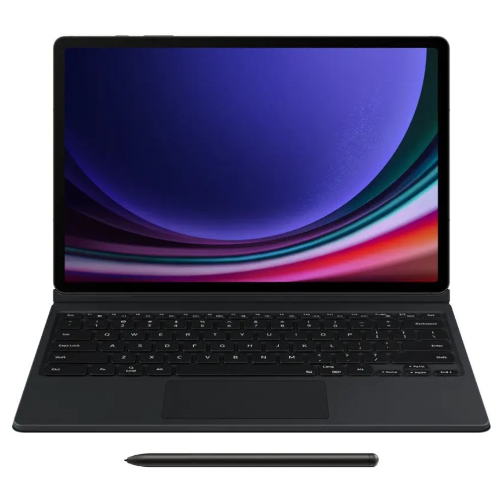Samsung black keyboard cover with trackpad, tablet open on stand