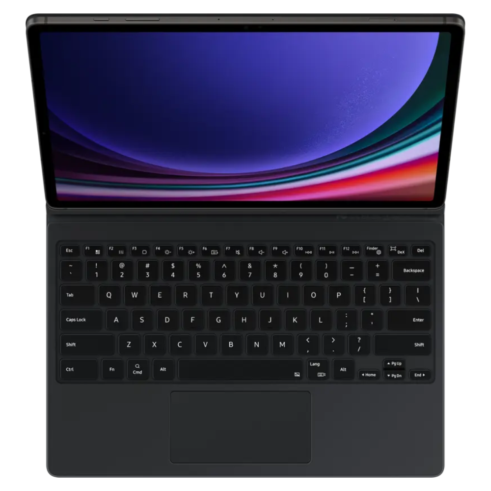 Samsung black keyboard cover with trackpad, tablet docked upright