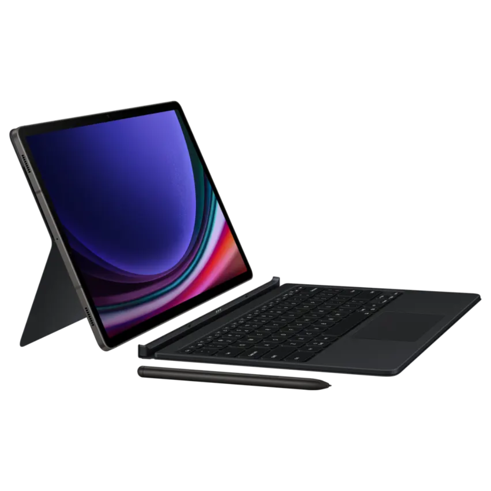 Samsung black keyboard cover with trackpad, tablet and stylus on stand