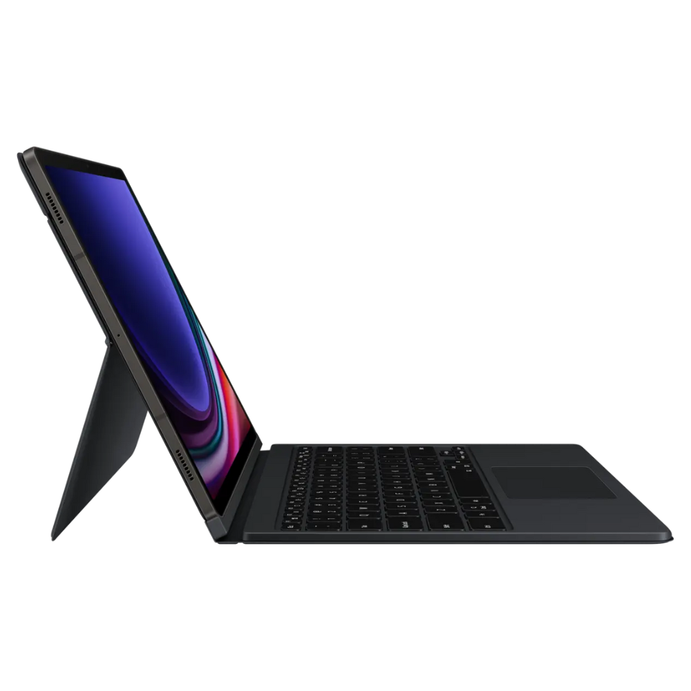Samsung black keyboard cover with trackpad, tablet angled with keys visible