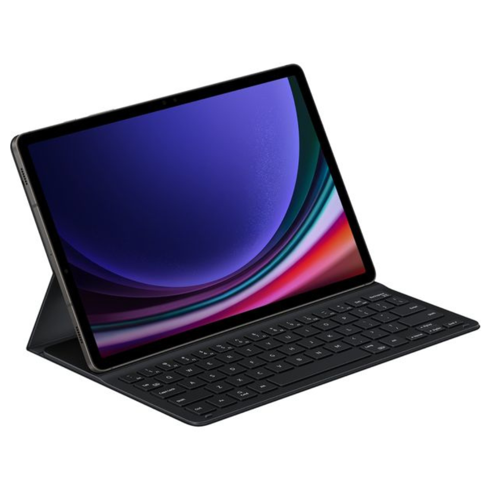 Black folio keyboard case open, tablet screen facing up