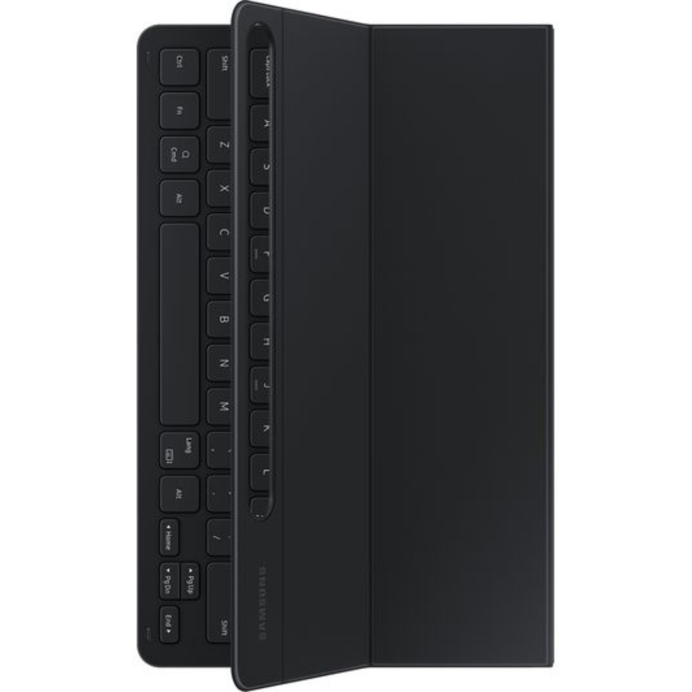 Black keyboard case folded flat, showing keyboard keys and hinge