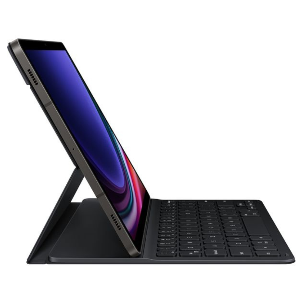 Black tablet stand keyboard case with raised screen and built-in keyboard