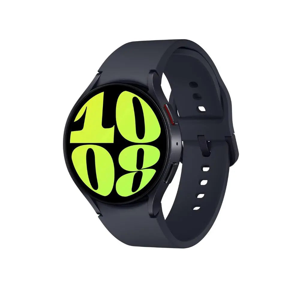 Black smartwatch with green digital watch face and black silicone wrist strap