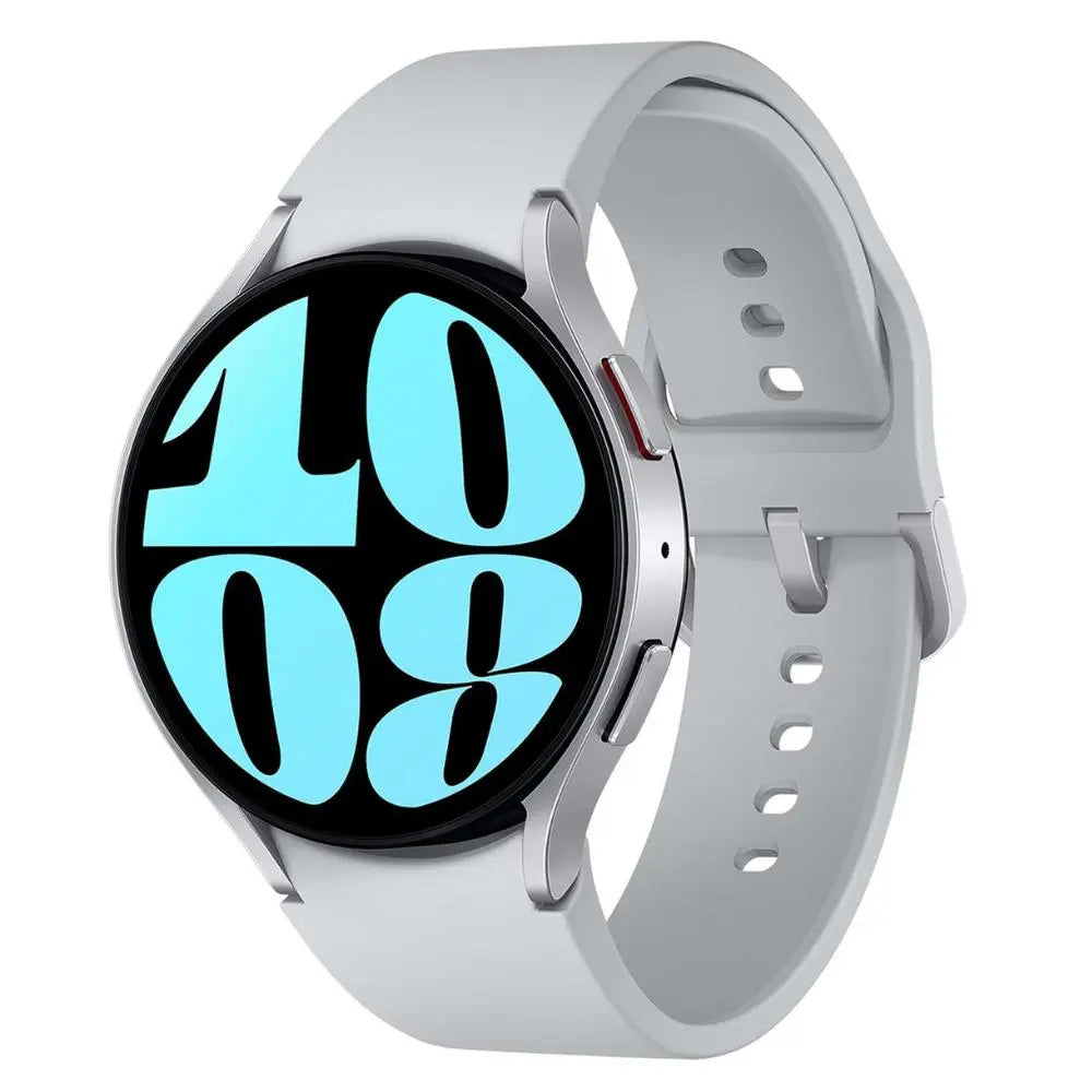 Silver smartwatch with blue digital watch face and light gray silicone wrist strap