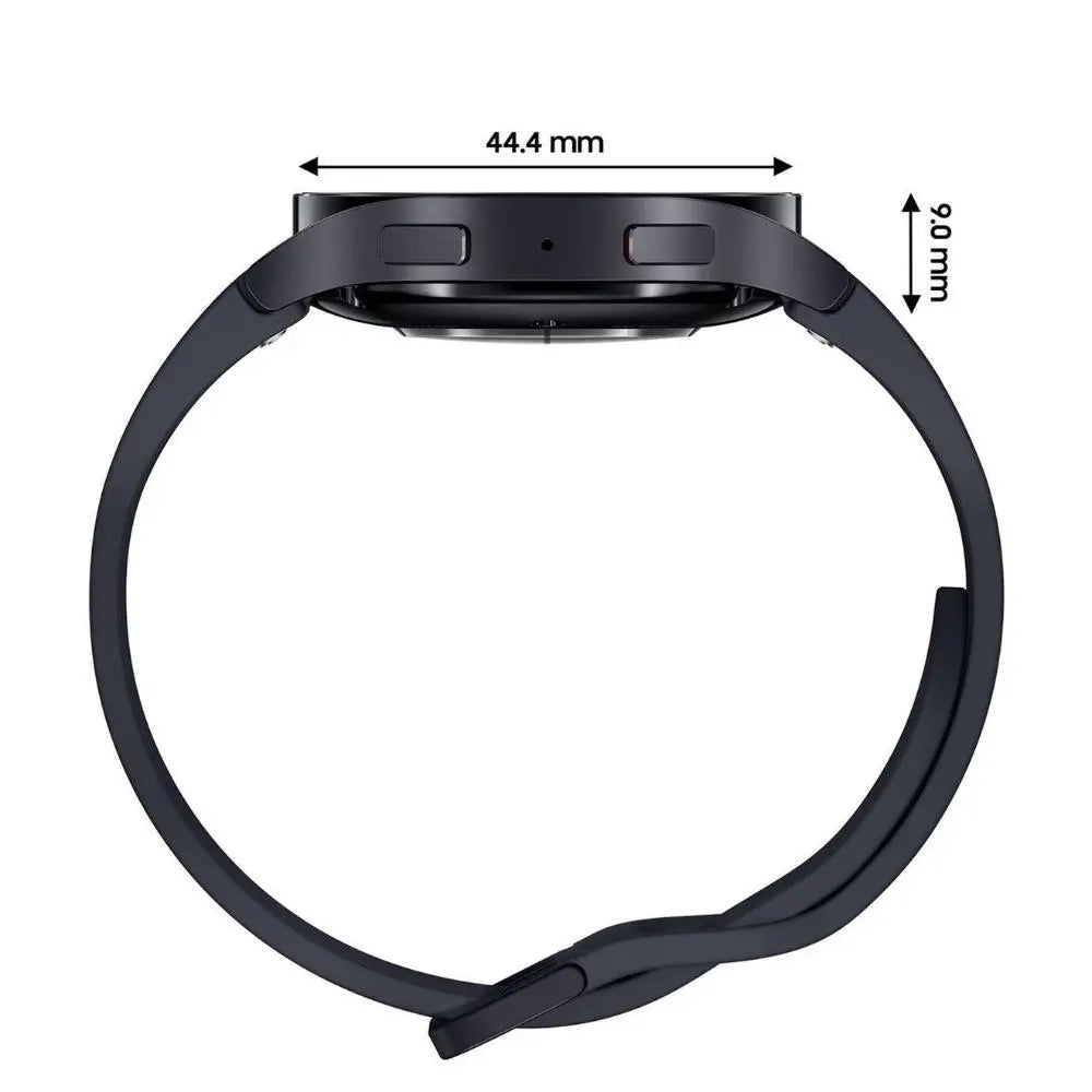 Dark smartwatch with 44.4 mm case and black silicone wrist strap, top view