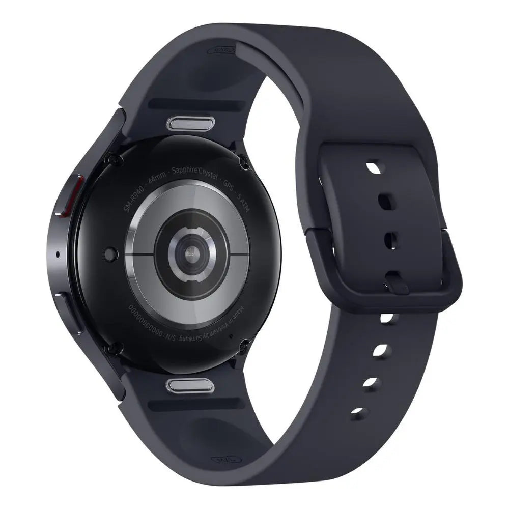 Black smartwatch with round speaker/back and black silicone wrist strap, rear view