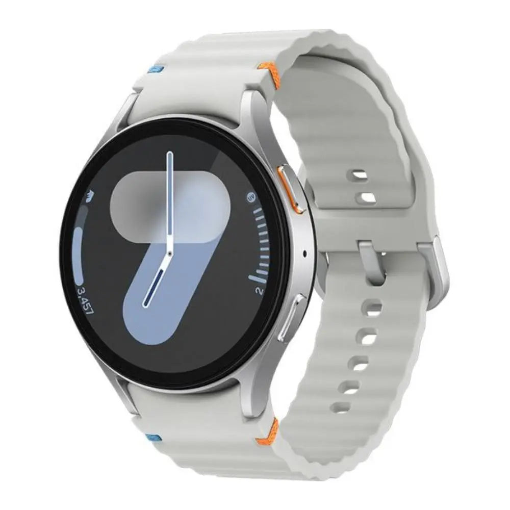 Silver 44mm smartwatch with round black display and light gray silicone sport band.