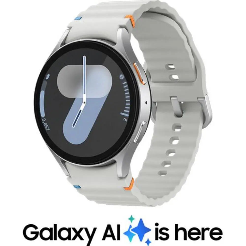 Silver 44mm smartwatch with round black face and light blue digital 9-style graphic.