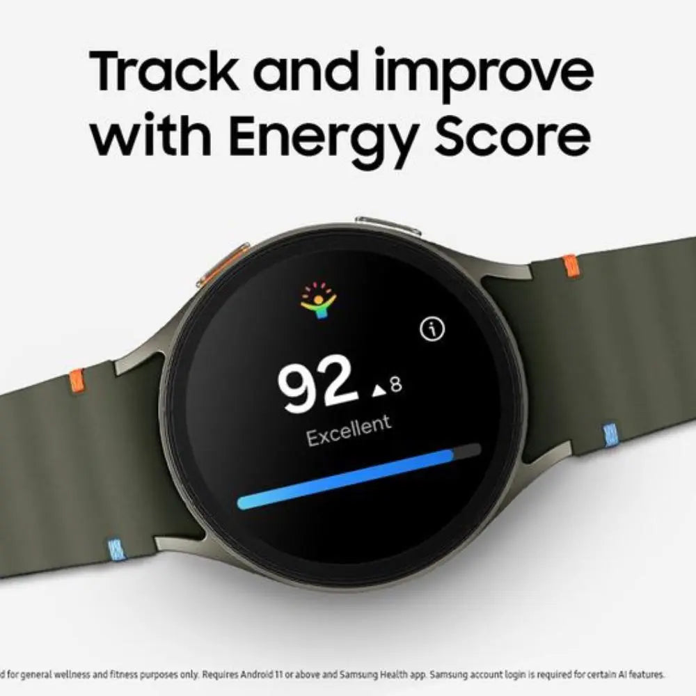Dark green 44mm smartwatch with round black screen and silicone sport band.