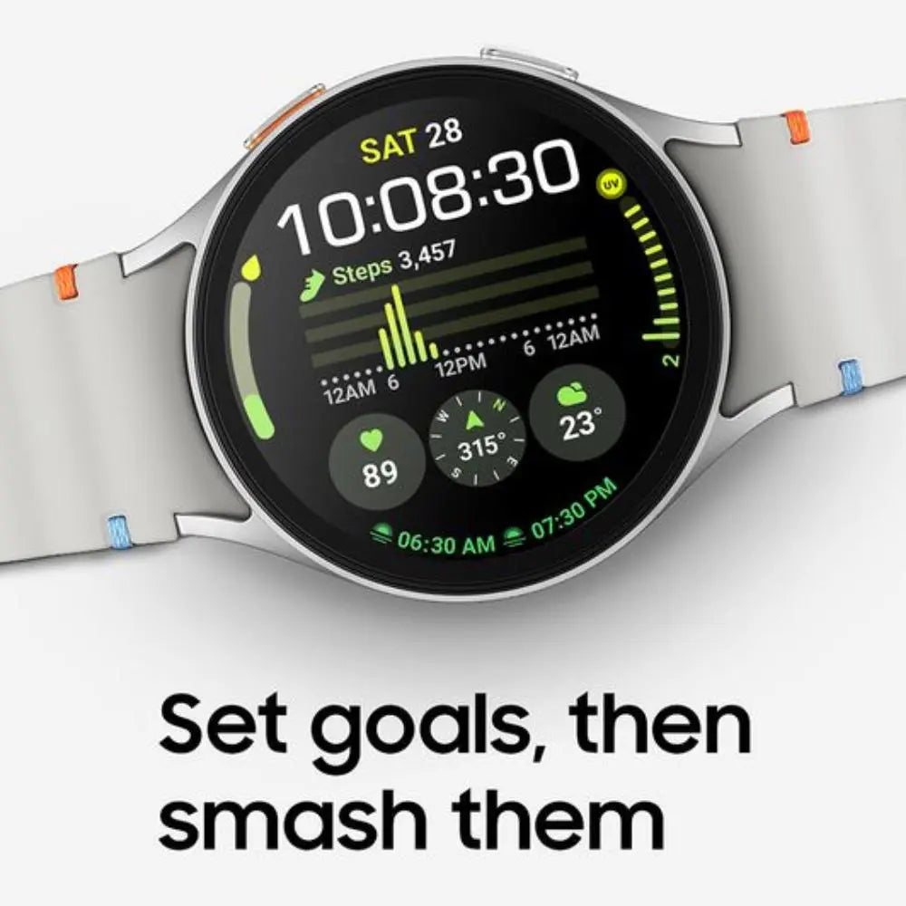 Silver 44mm smartwatch with round black display and perforated silicone sport band.