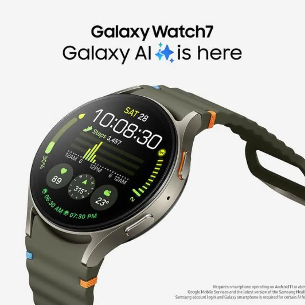 Olive green 44mm smartwatch with round black display and silicone sport band.