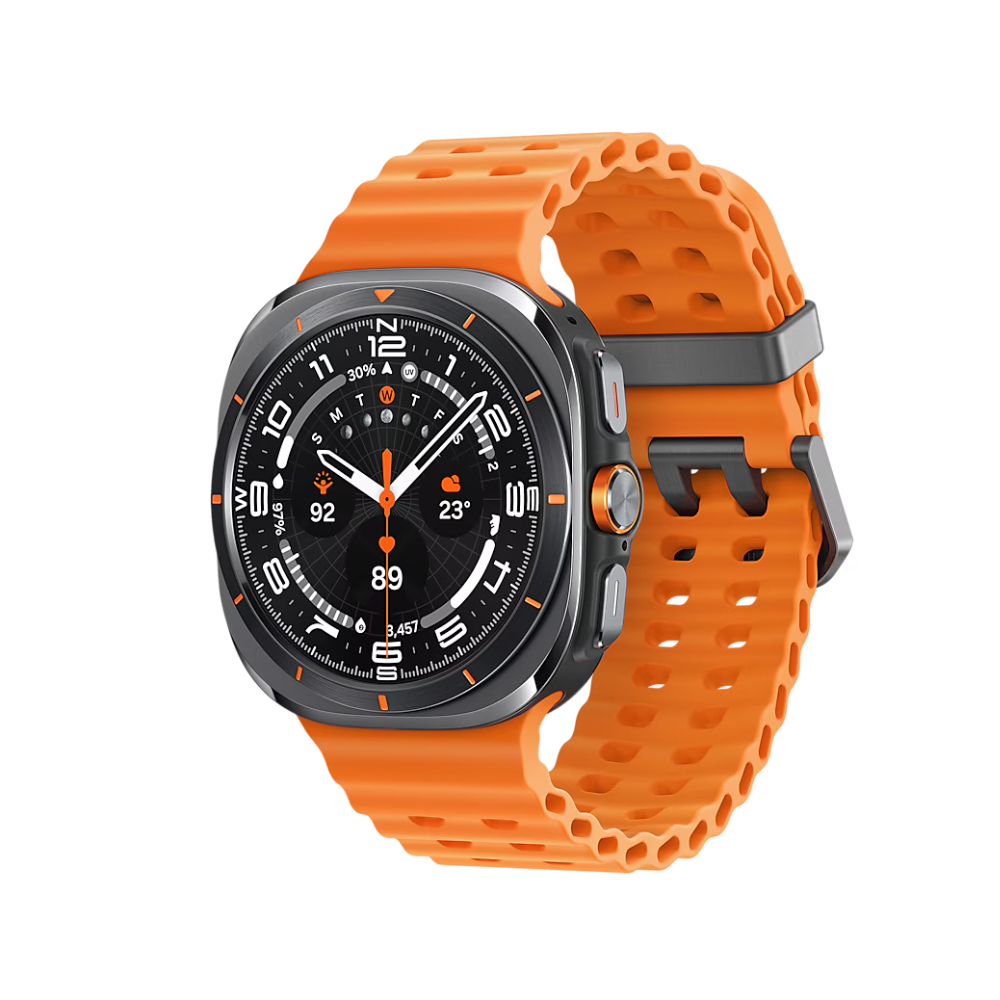 Smartwatch with black dial, black bezel, and orange silicone sport strap