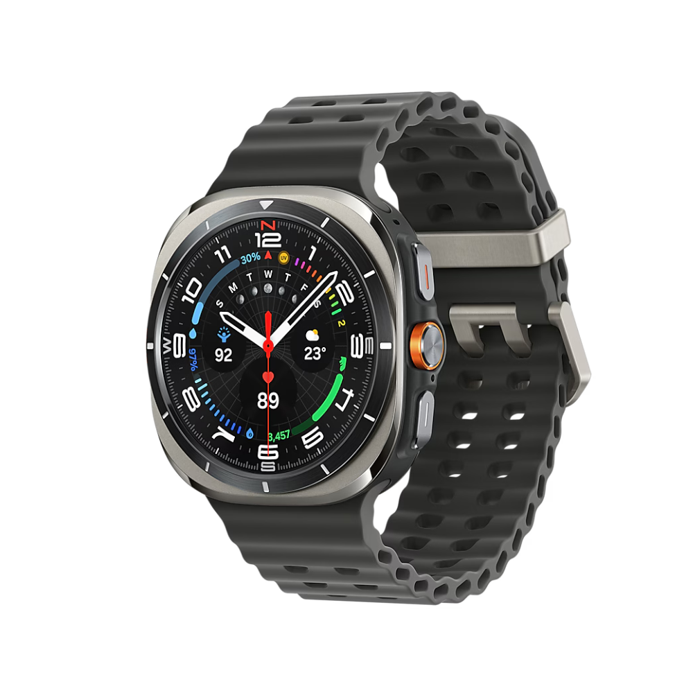 Smartwatch with black dial, black bezel, and dark grey silicone sport strap