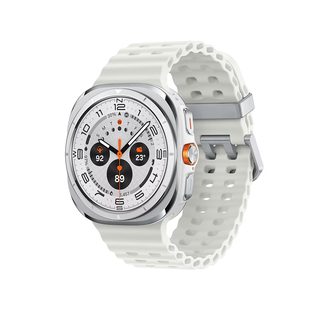 Smartwatch with light grey dial, silver bezel, and white silicone sport strap