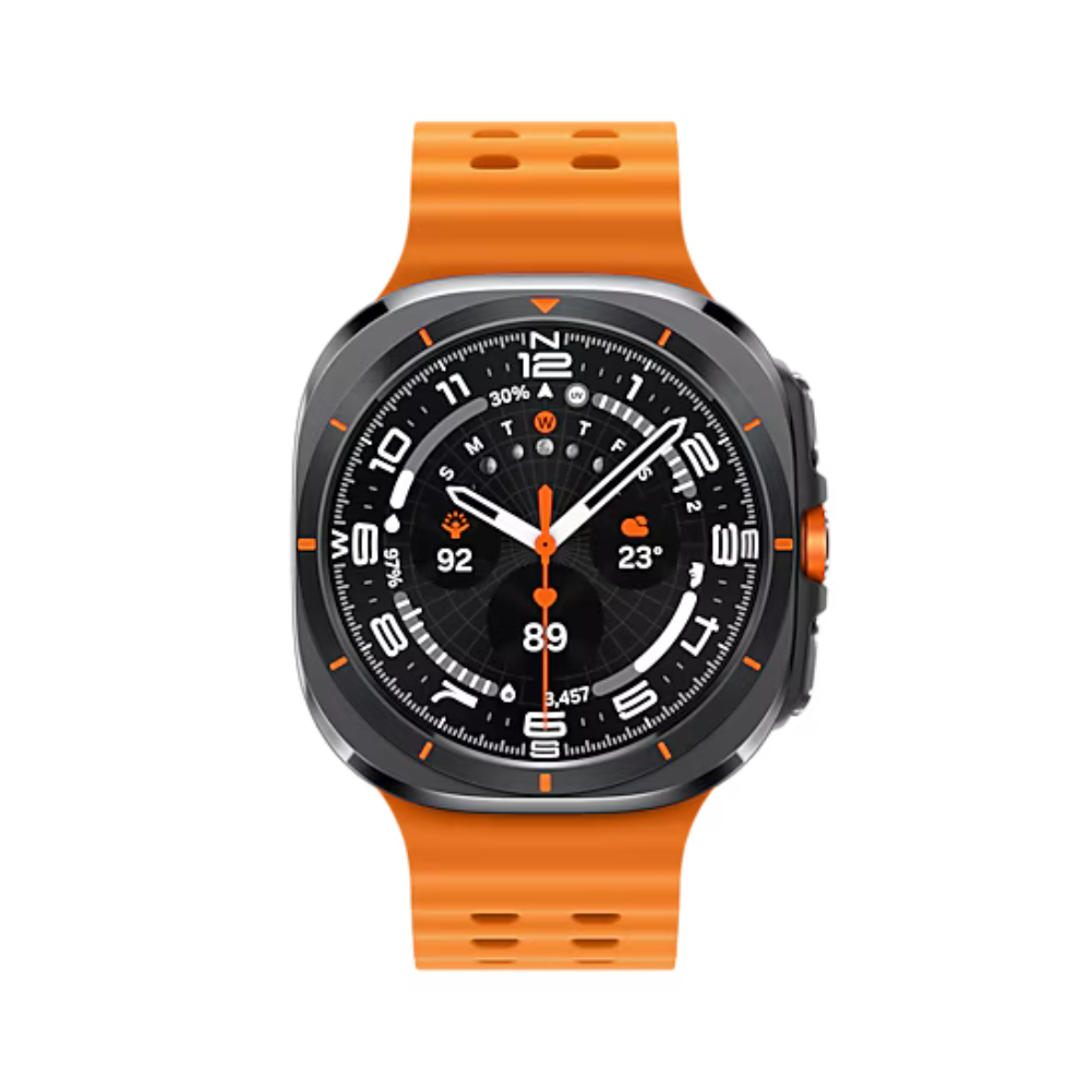 Smartwatch with black dial, black bezel, and orange silicone sport strap