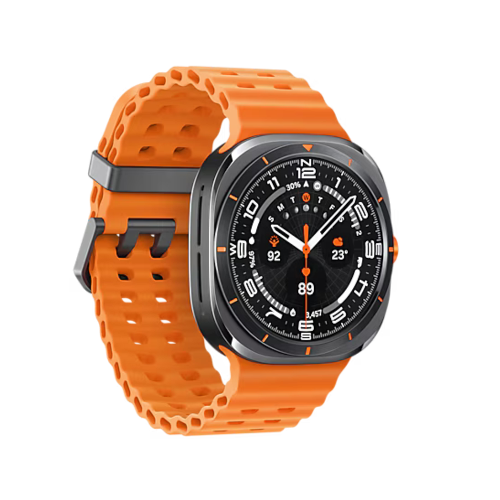 Smartwatch with black dial and orange silicone sport strap, angled view