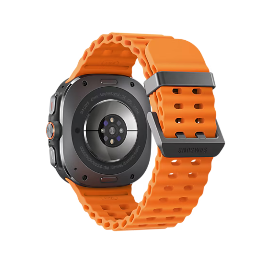 Smartwatch back with orange silicone sport strap and circular sensor module