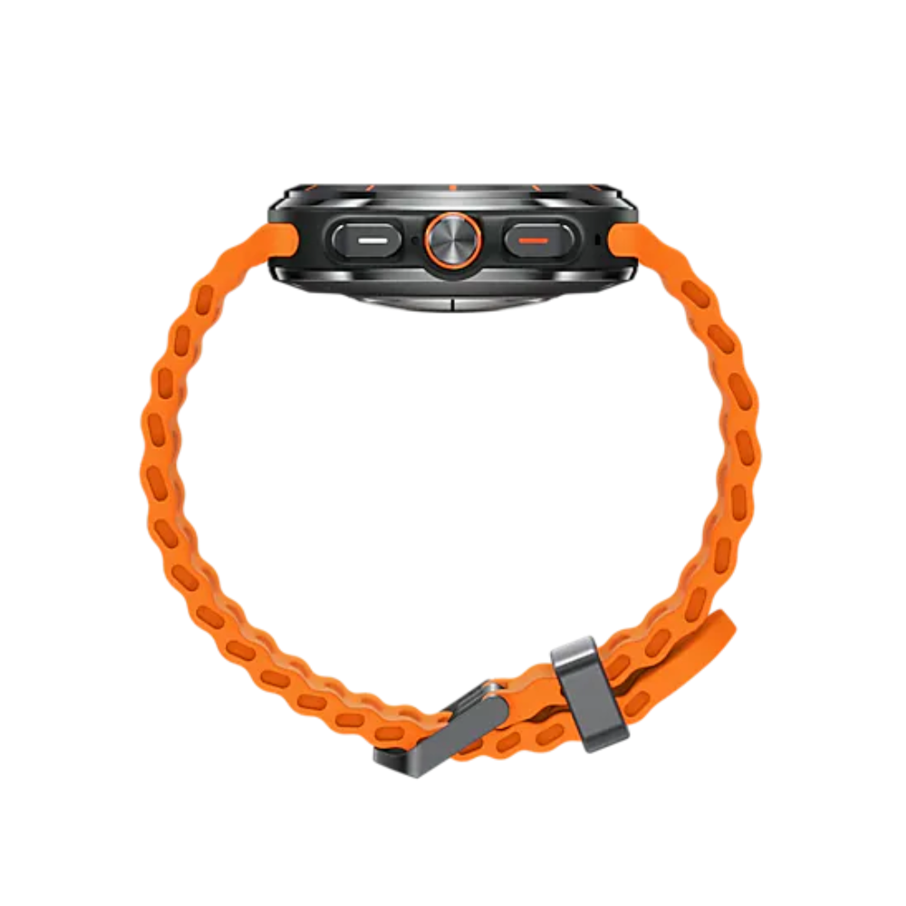 Smartwatch side profile with orange silicone sport strap and metal accents