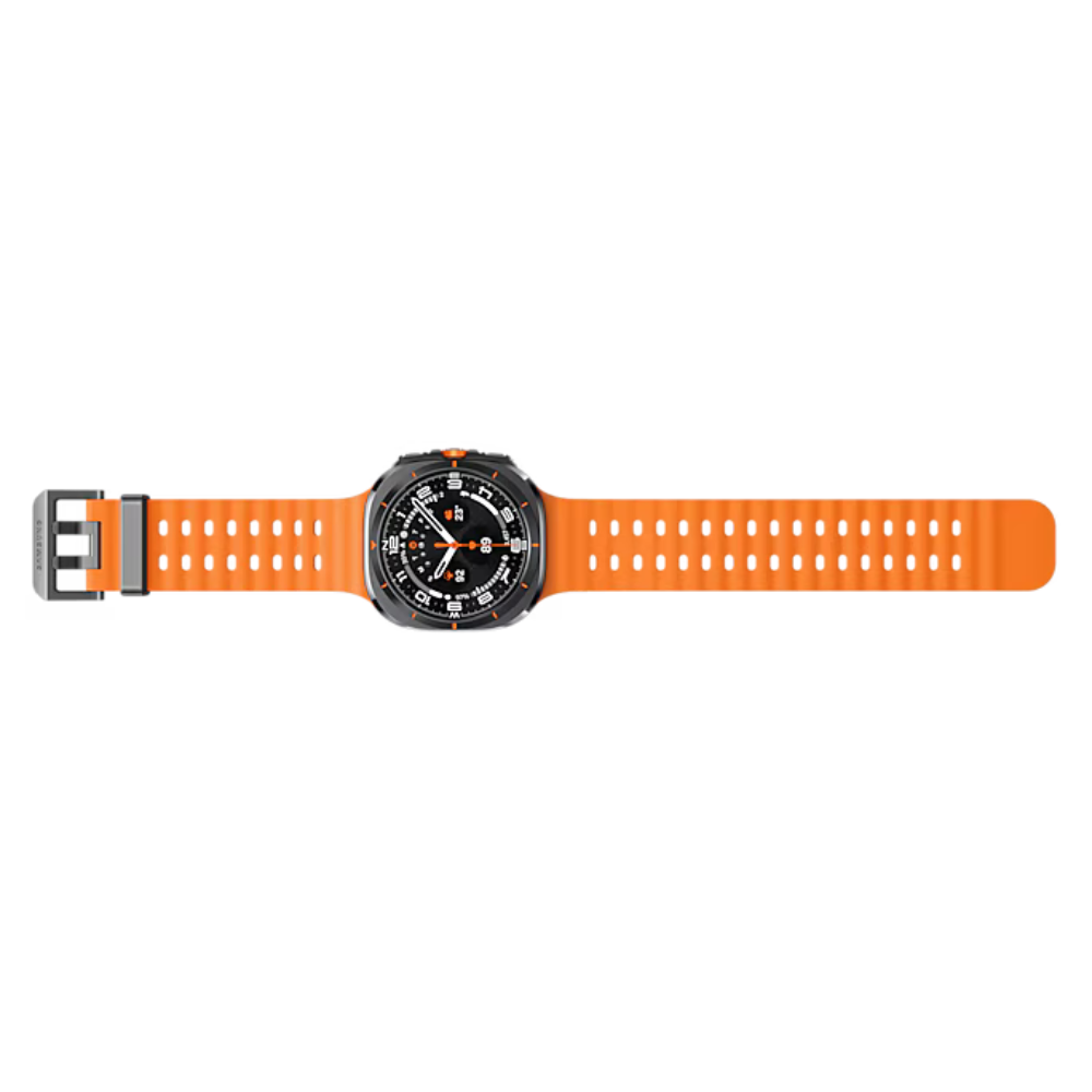 Orange silicone watch strap with smartwatch centered, display facing front