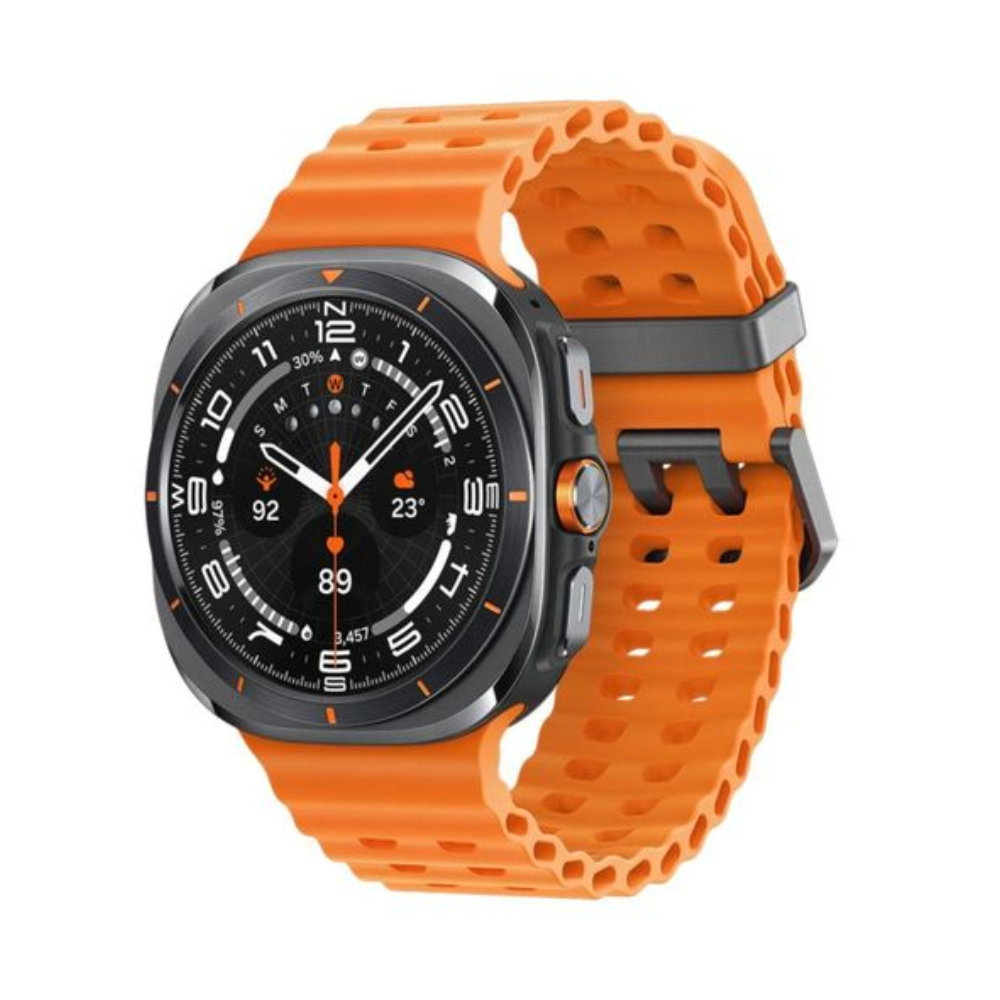 Galaxy Watch Ultra smartwatch with orange silicone strap and dark dial