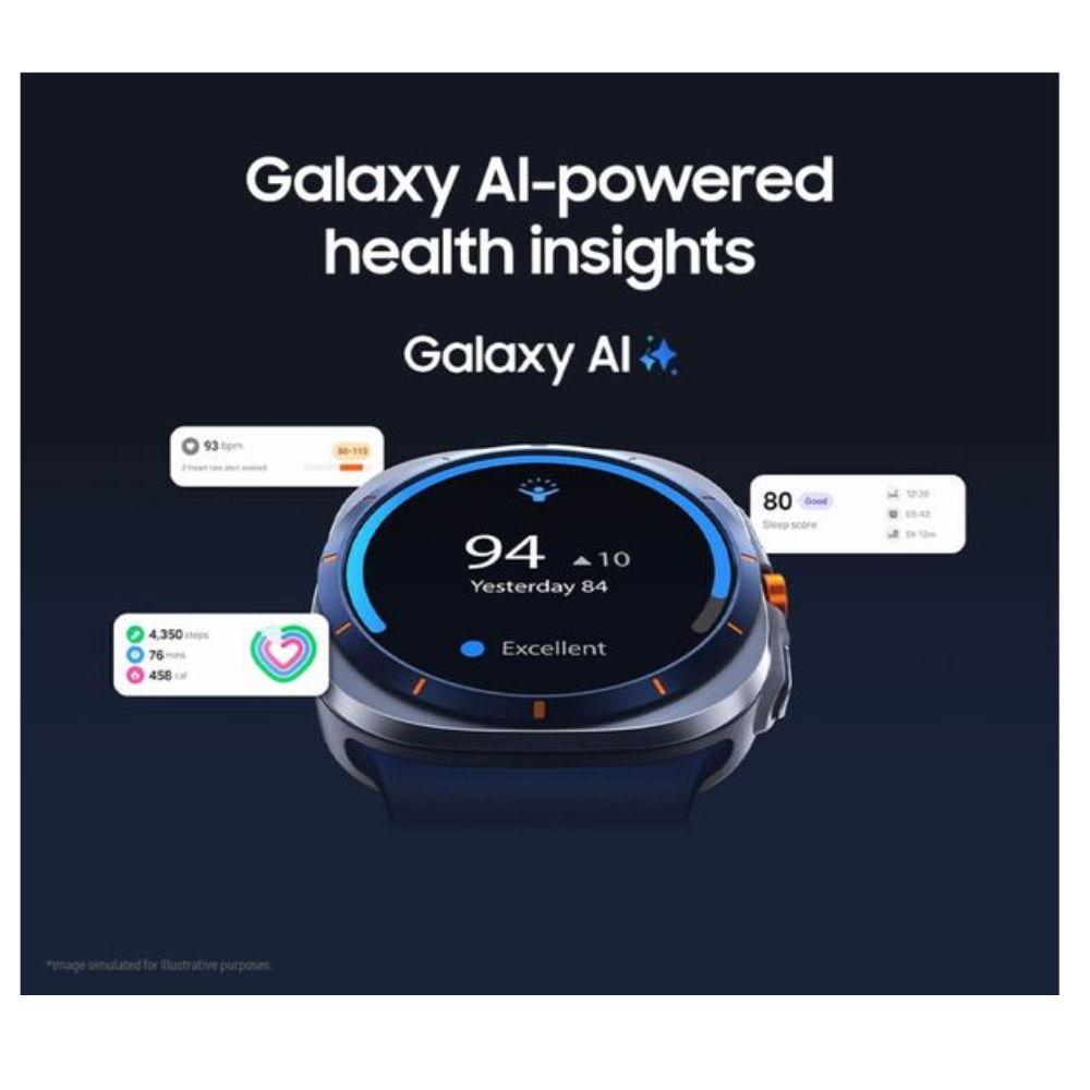 Galaxy Watch Ultra smartwatch with orange silicone strap and blue AI health screen