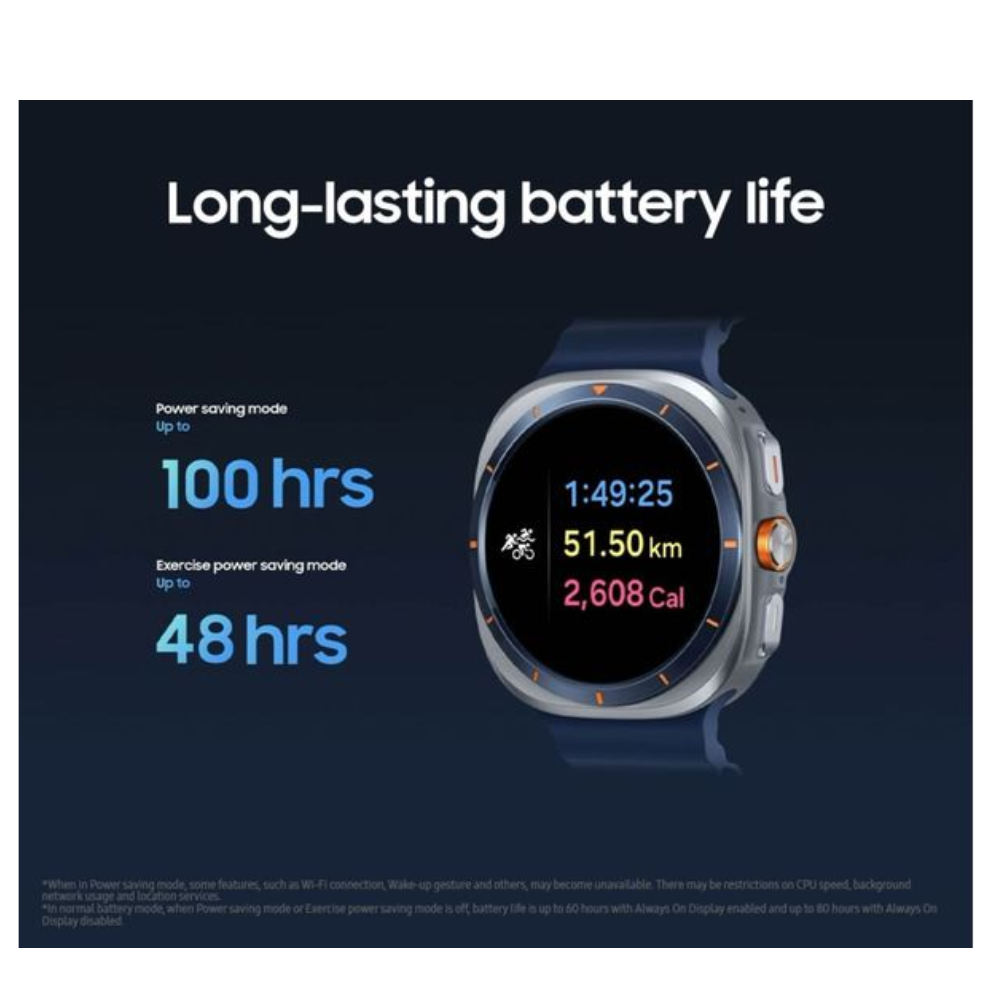Galaxy Watch Ultra smartwatch with orange silicone strap and long battery screen