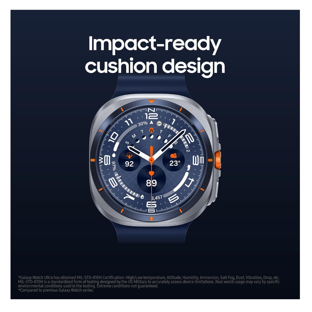Samsung Galaxy Watch Ultra 47mm LTE smartwatch with blue sport band and colorful dial