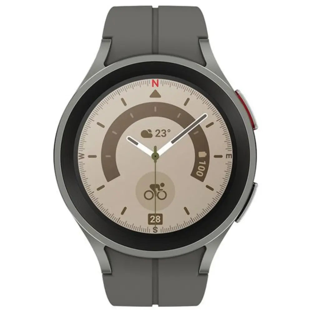 Samsung Galaxy Watch5 Pro BT smartwatch with grey silicone strap and analog-style dial
