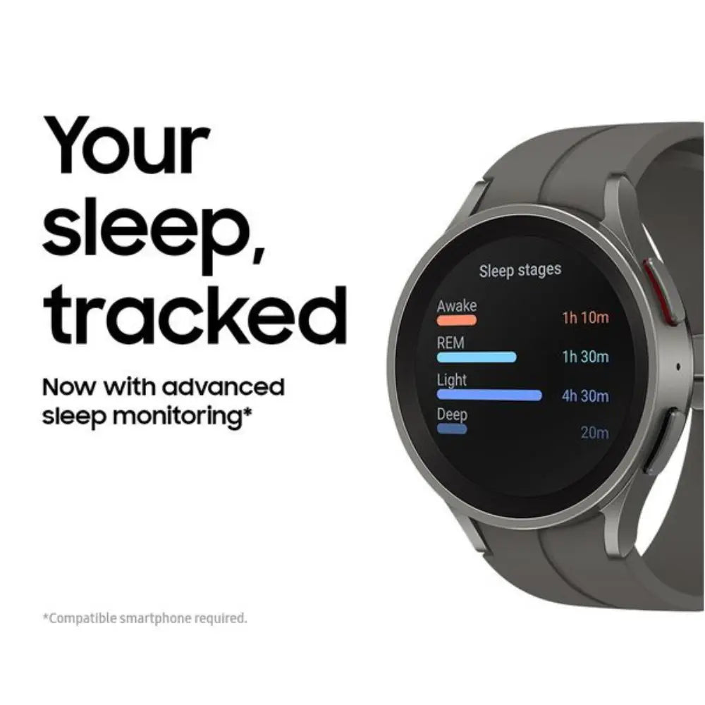 Samsung Galaxy Watch5 Pro BT smartwatch showing sleep stages bars on the display