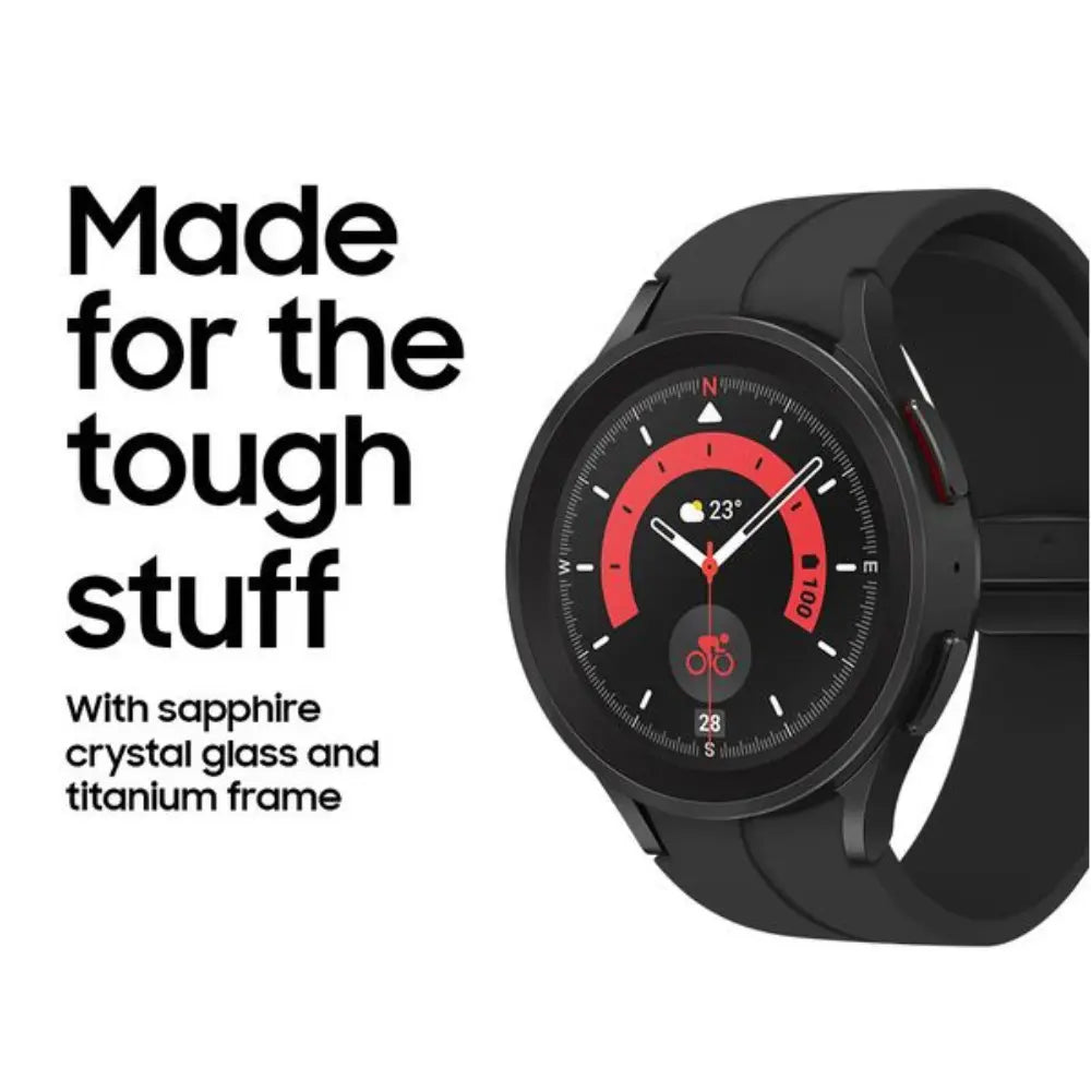 Samsung Galaxy Watch5 Pro BT smartwatch with black strap and red-accent sport dial
